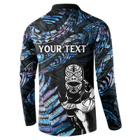 New Zealand Maori Rugby Personalised Button Sweatshirt Ta Moko Silver Fern - Paua Blue LT7 - Polynesian Pride
