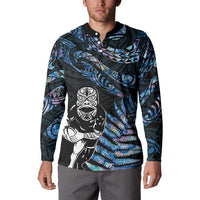 New Zealand Maori Rugby Personalised Button Sweatshirt Ta Moko Silver Fern - Paua Blue LT7 - Polynesian Pride