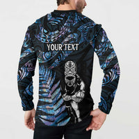 New Zealand Maori Rugby Personalised Button Sweatshirt Ta Moko Silver Fern - Paua Blue LT7 - Polynesian Pride