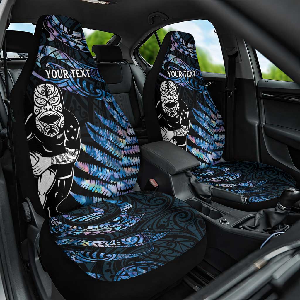 New Zealand Maori Rugby Personalised Car Seat Cover Ta Moko Silver Fern - Paua Blue