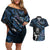 New Zealand Maori Rugby Personalised Couples Matching Off Shoulder Short Dress and Hawaiian Shirt Ta Moko Silver Fern - Paua Blue