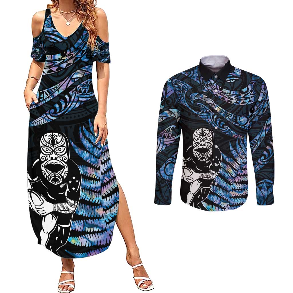 New Zealand Maori Rugby Personalised Couples Matching Summer Maxi Dress and Long Sleeve Button Shirt Ta Moko Silver Fern - Paua Blue