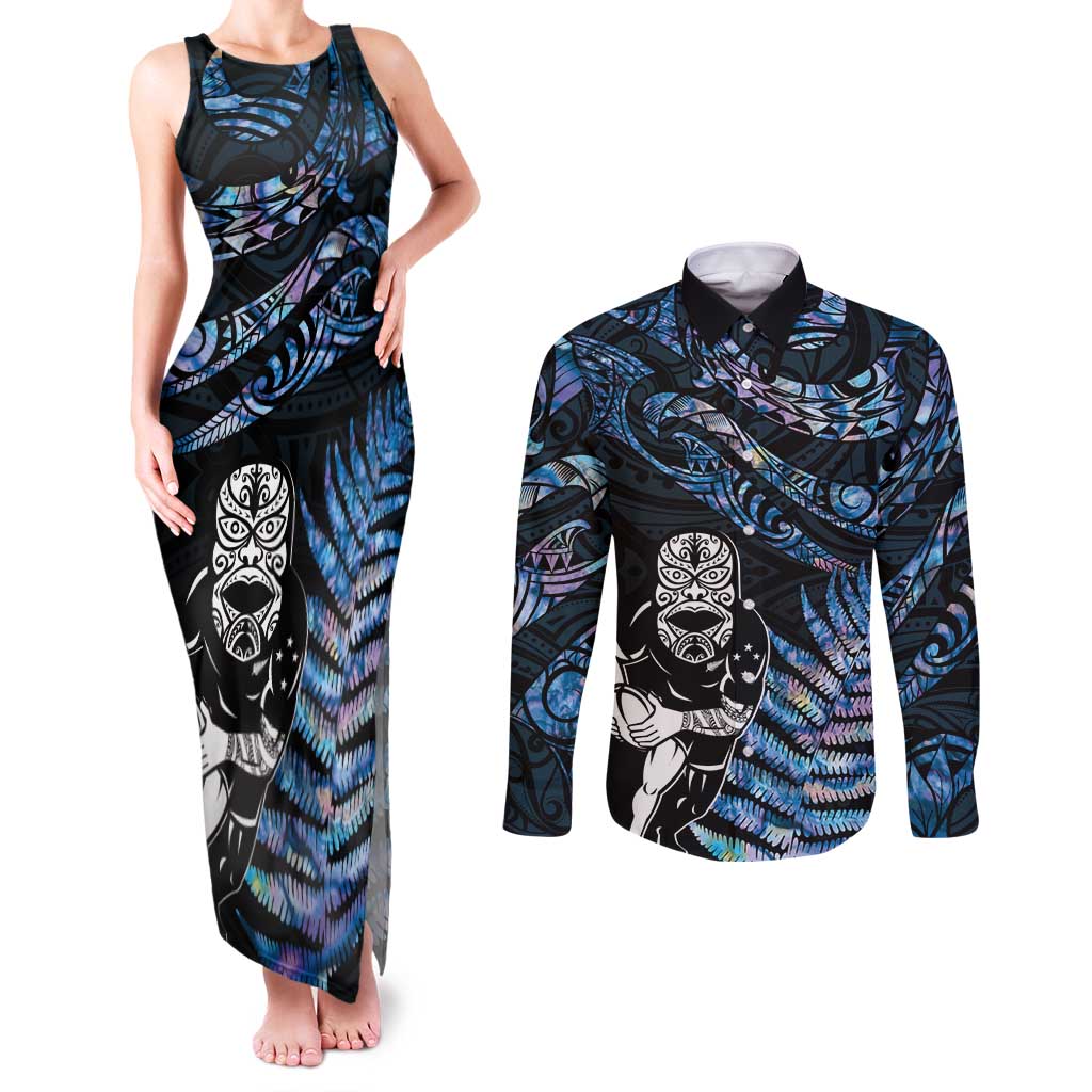 New Zealand Maori Rugby Personalised Couples Matching Tank Maxi Dress and Long Sleeve Button Shirt Ta Moko Silver Fern - Paua Blue