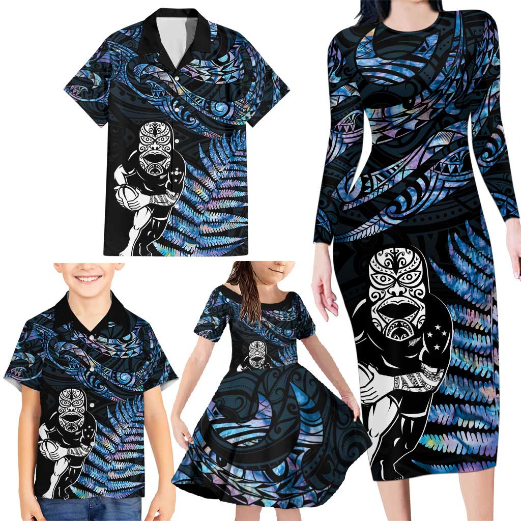 New Zealand Maori Rugby Personalised Family Matching Long Sleeve Bodycon Dress and Hawaiian Shirt Ta Moko Silver Fern - Paua Blue