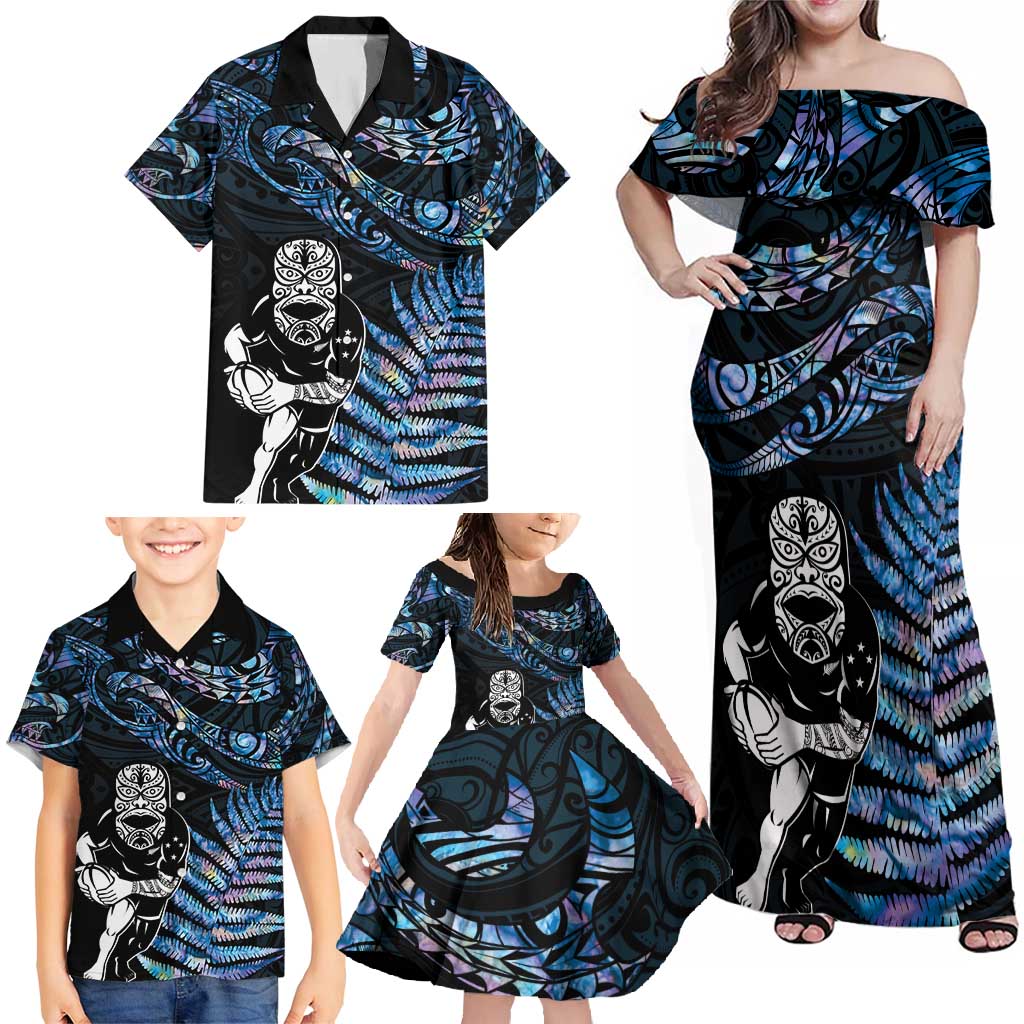 New Zealand Maori Rugby Personalised Family Matching Off Shoulder Maxi Dress and Hawaiian Shirt Ta Moko Silver Fern - Paua Blue