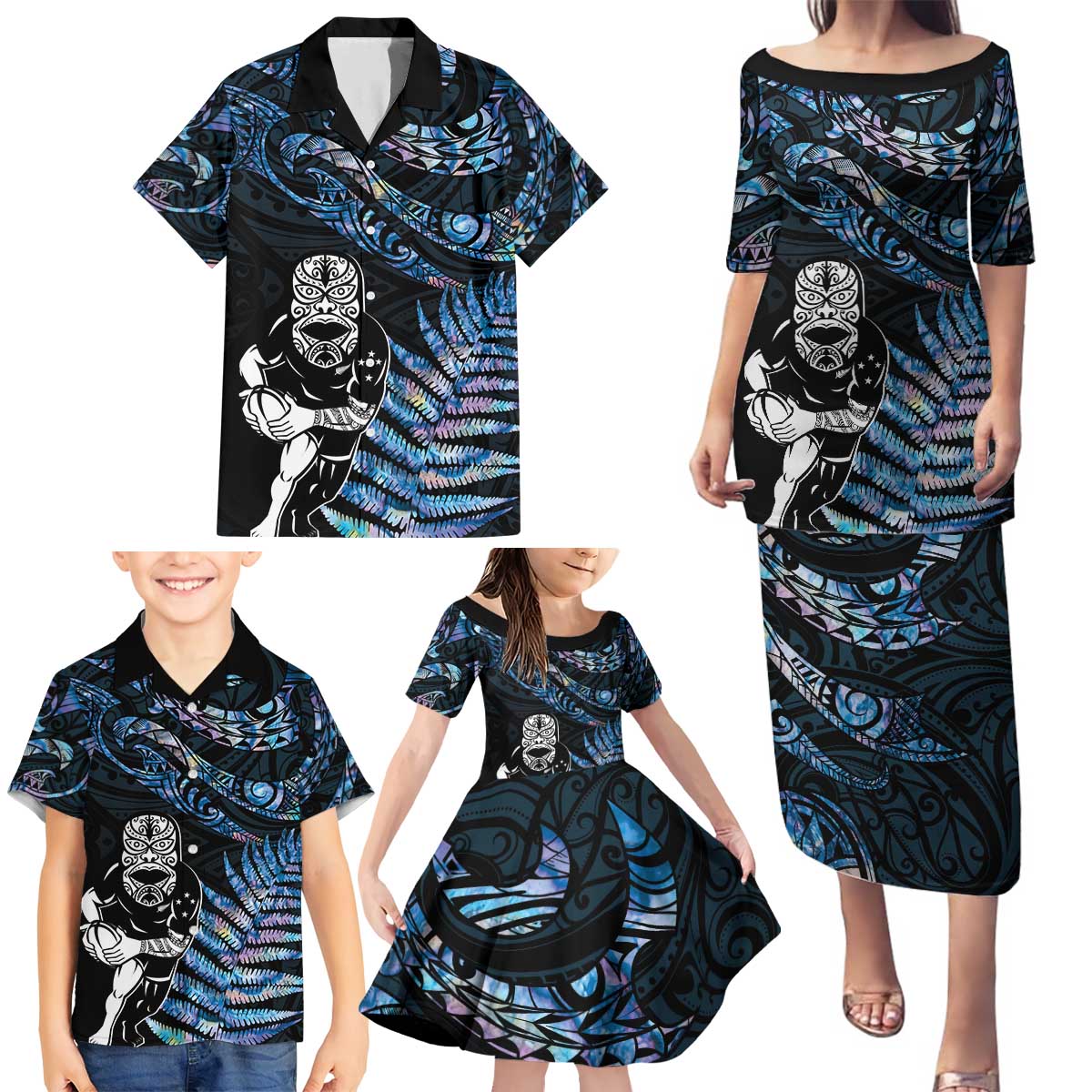 New Zealand Maori Rugby Personalised Family Matching Puletasi and Hawaiian Shirt Ta Moko Silver Fern - Paua Blue