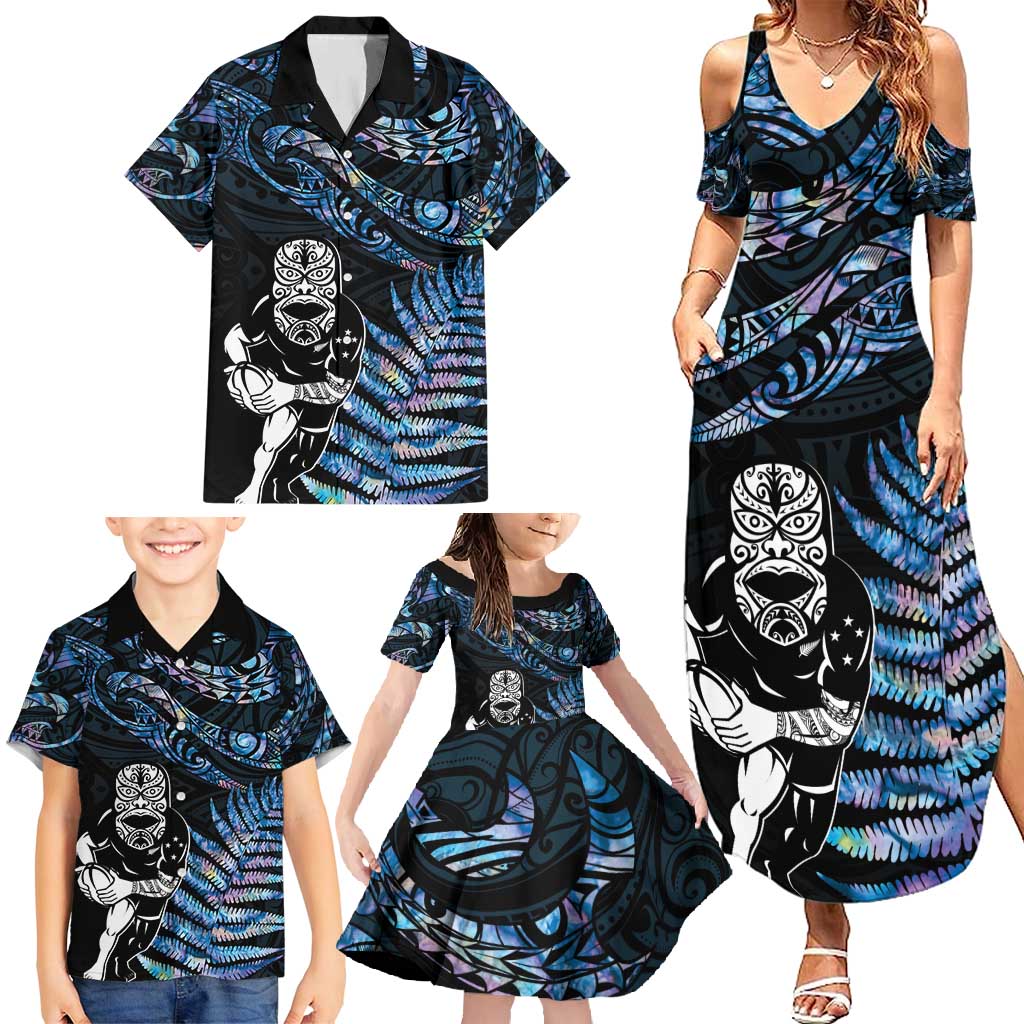 New Zealand Maori Rugby Personalised Family Matching Summer Maxi Dress and Hawaiian Shirt Ta Moko Silver Fern - Paua Blue