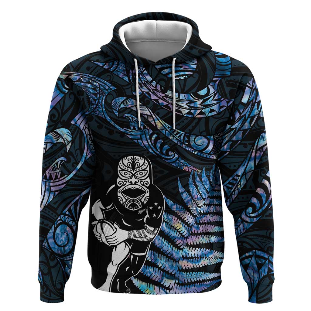 New Zealand Maori Rugby Personalised Hoodie Ta Moko Silver Fern - Paua Blue LT7 Pullover Hoodie Blue - Polynesian Pride
