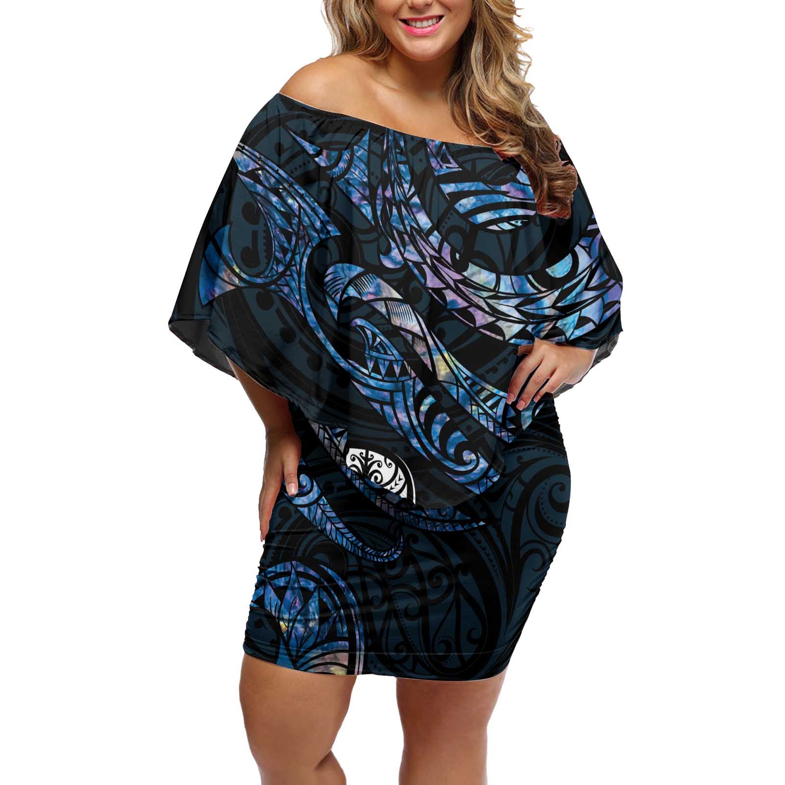 New Zealand Maori Rugby Personalised Off Shoulder Short Dress Ta Moko Silver Fern - Paua Blue LT7 Women Blue - Polynesian Pride