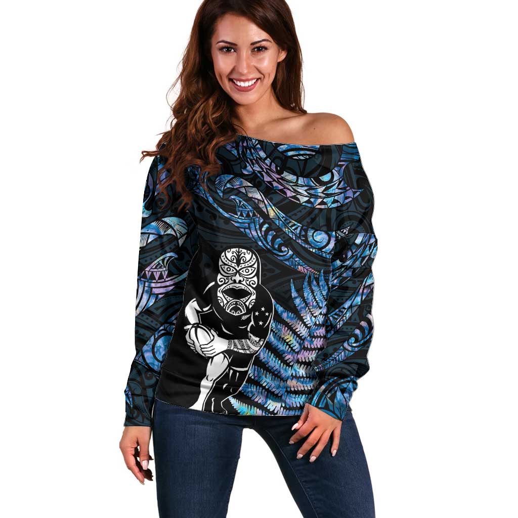 New Zealand Maori Rugby Personalised Off Shoulder Sweater Ta Moko Silver Fern - Paua Blue LT7 Women Blue - Polynesian Pride