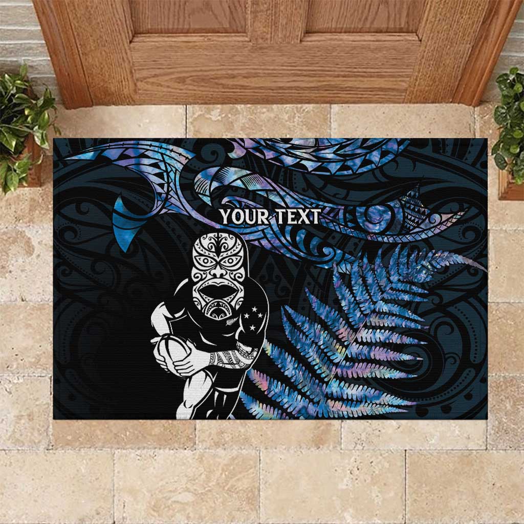 New Zealand Maori Rugby Personalised Rubber Doormat Ta Moko Silver Fern - Paua Blue