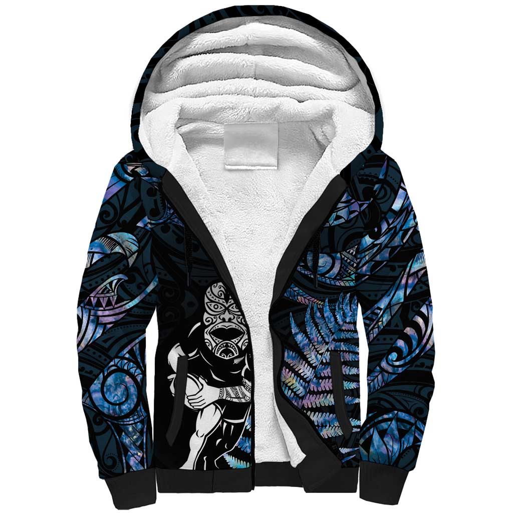 New Zealand Maori Rugby Personalised Sherpa Hoodie Ta Moko Silver Fern - Paua Blue