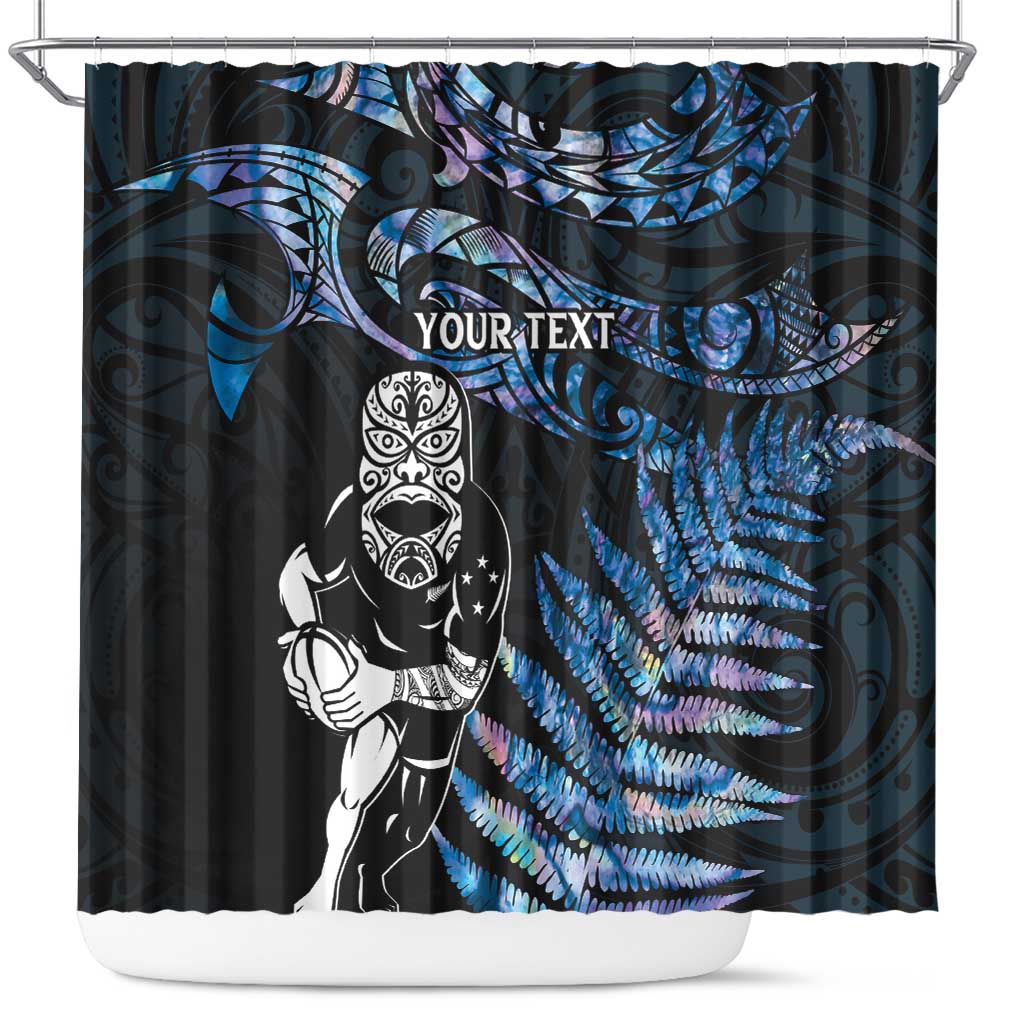 New Zealand Maori Rugby Personalised Shower Curtain Ta Moko Silver Fern - Paua Blue