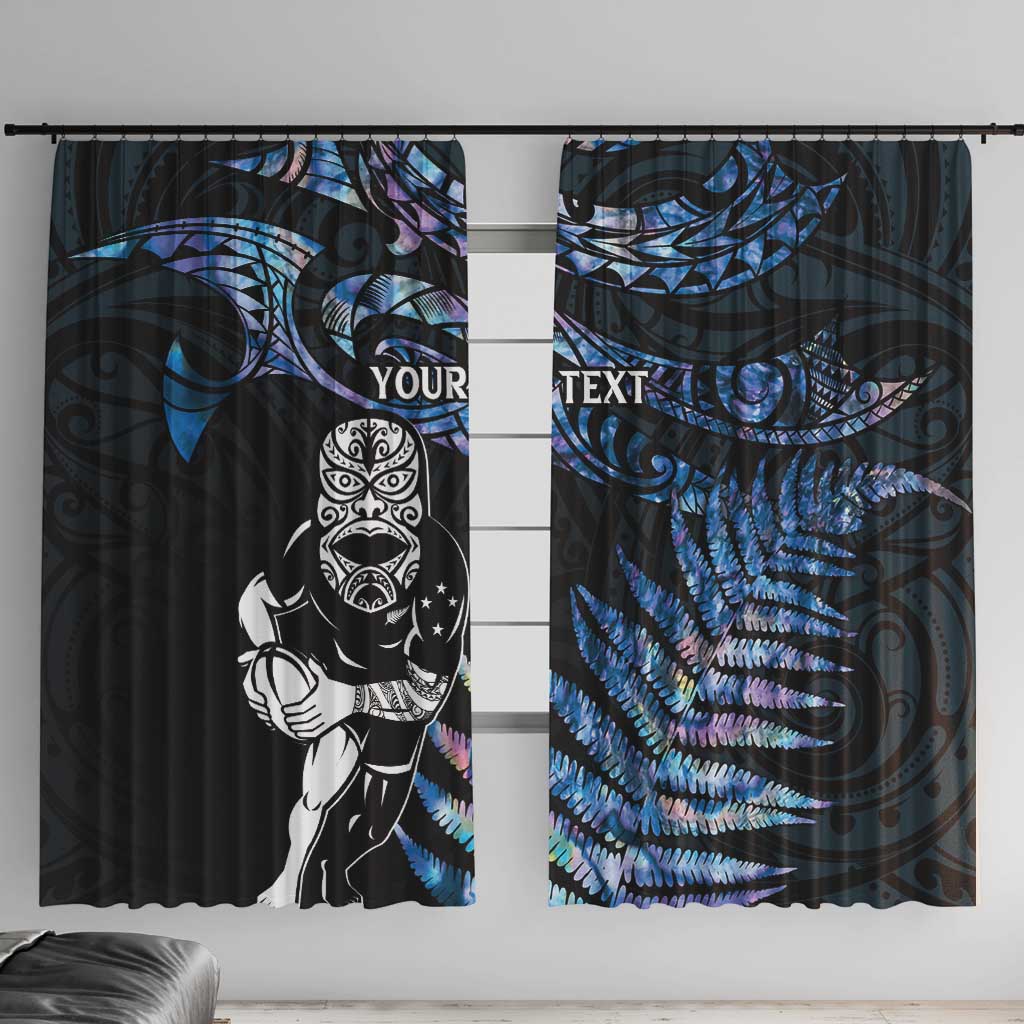 New Zealand Maori Rugby Personalised Window Curtain Ta Moko Silver Fern - Paua Blue