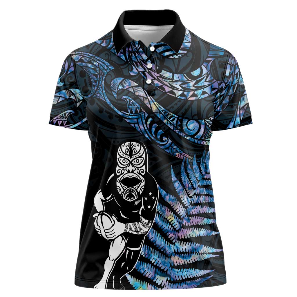 New Zealand Maori Rugby Personalised Women Polo Shirt Ta Moko Silver Fern - Paua Blue