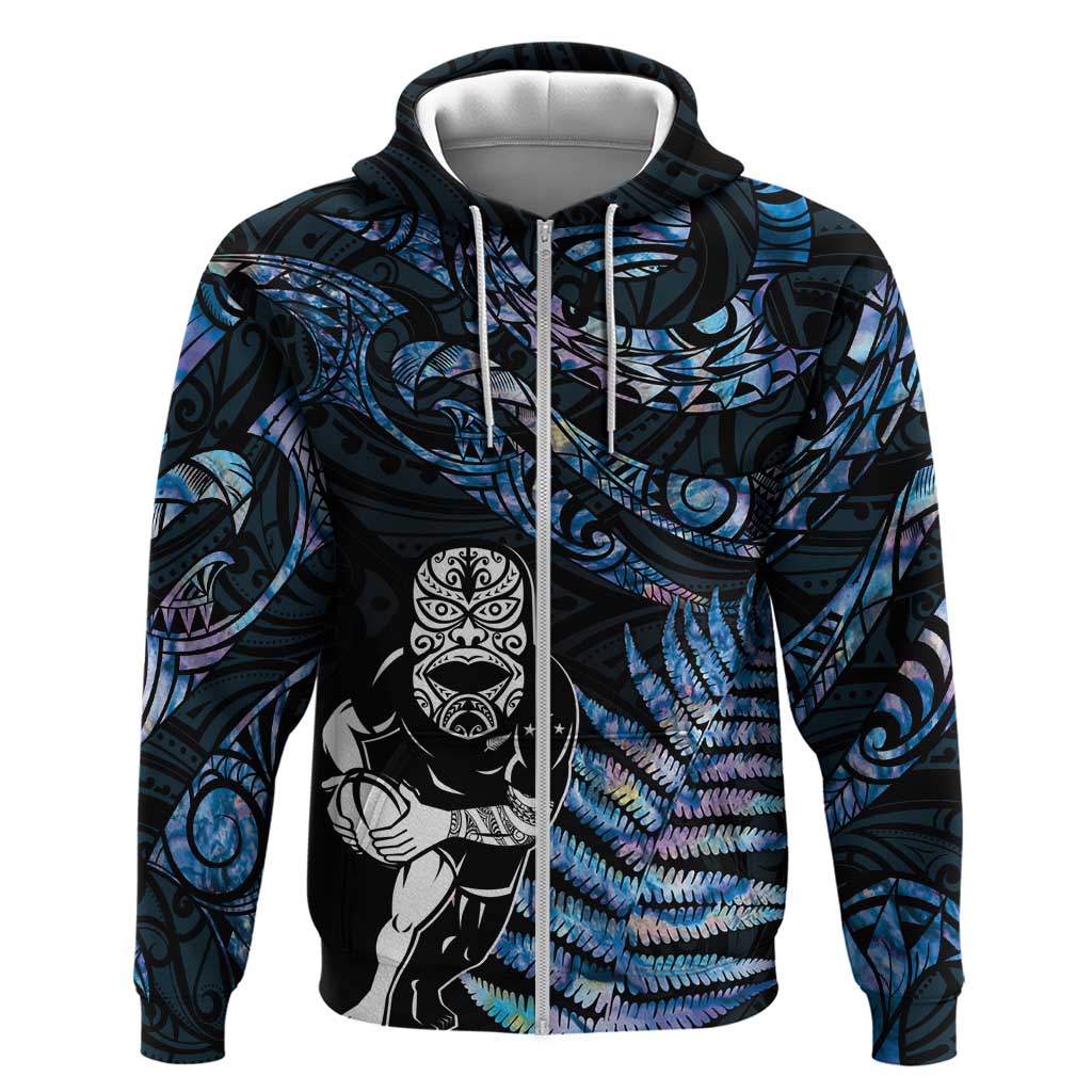 New Zealand Maori Rugby Personalised Zip Hoodie Ta Moko Silver Fern - Paua Blue