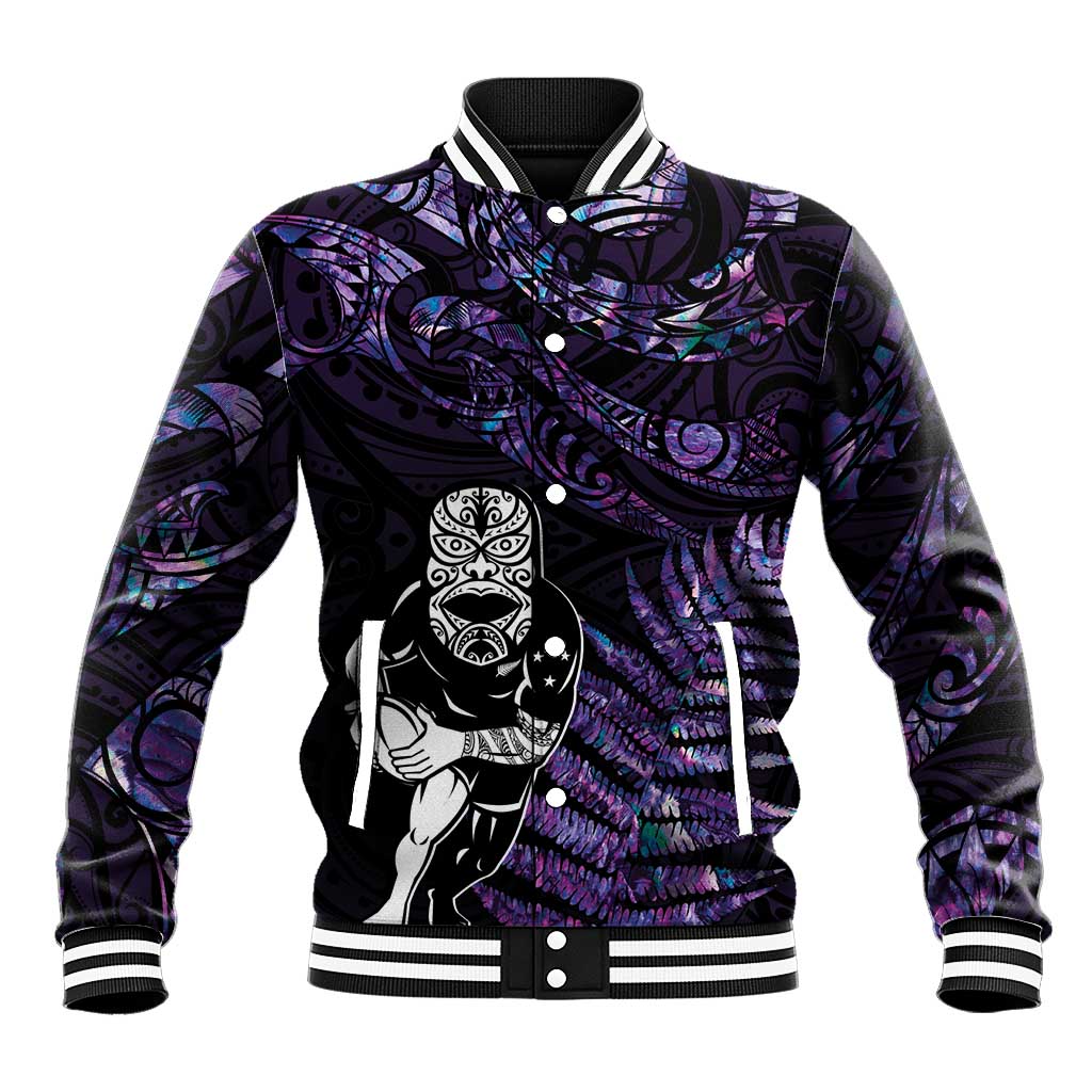 New Zealand Maori Rugby Personalised Baseball Jacket Ta Moko Silver Fern - Paua Purple