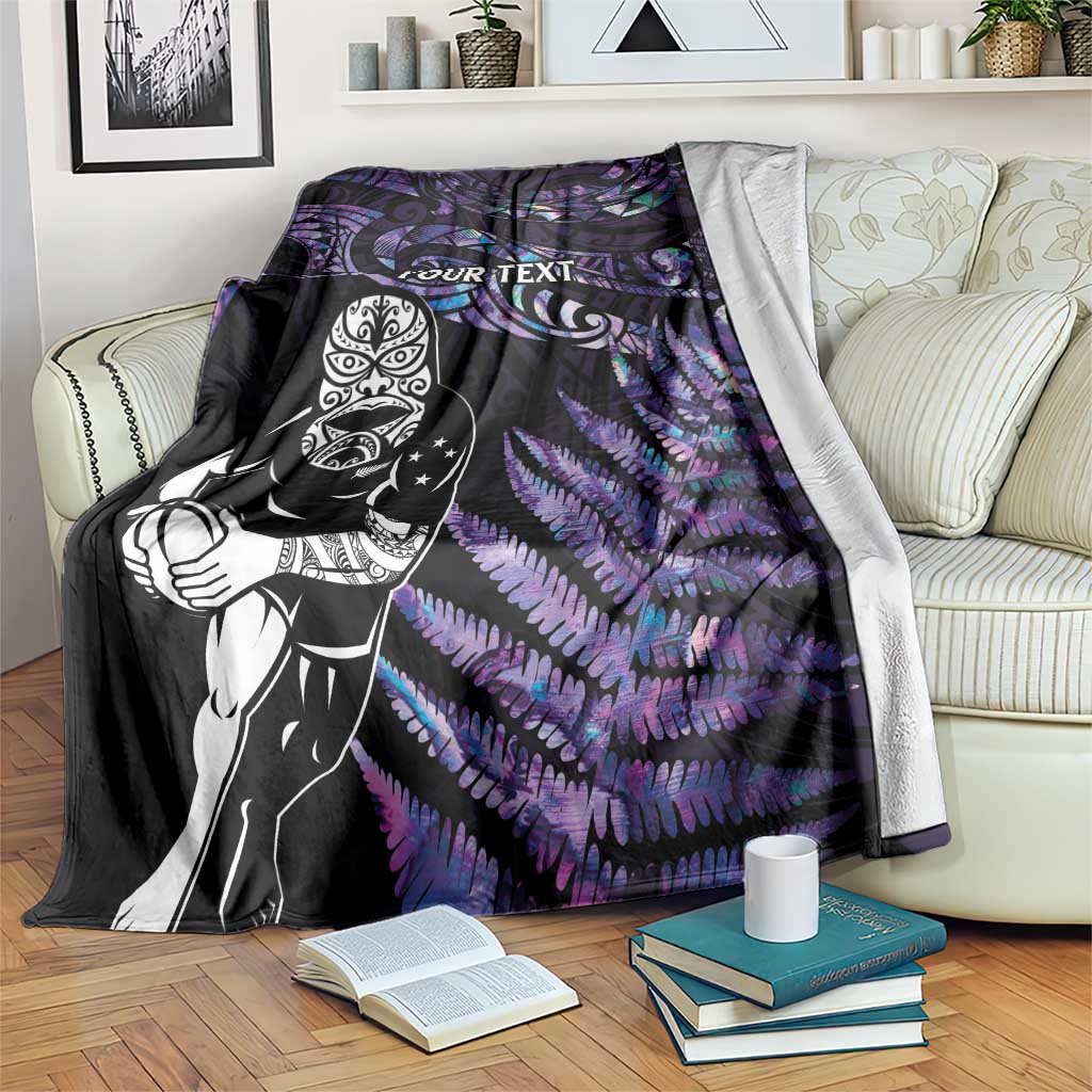 New Zealand Maori Rugby Personalised Blanket Ta Moko Silver Fern - Paua Purple