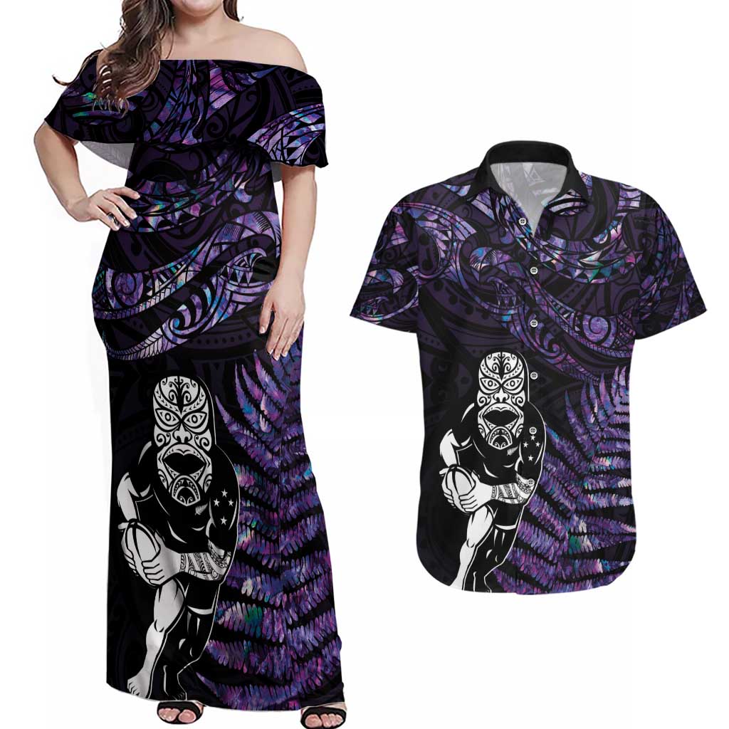 New Zealand Maori Rugby Personalised Couples Matching Off Shoulder Maxi Dress and Hawaiian Shirt Ta Moko Silver Fern - Paua Purple