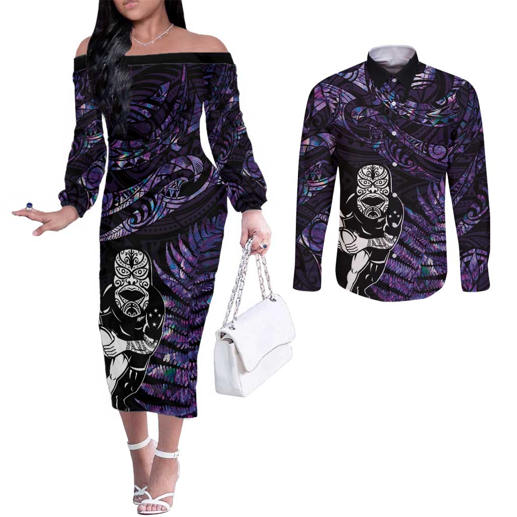 New Zealand Maori Rugby Personalised Couples Matching Off The Shoulder Long Sleeve Dress and Long Sleeve Button Shirt Ta Moko Silver Fern - Paua Purple