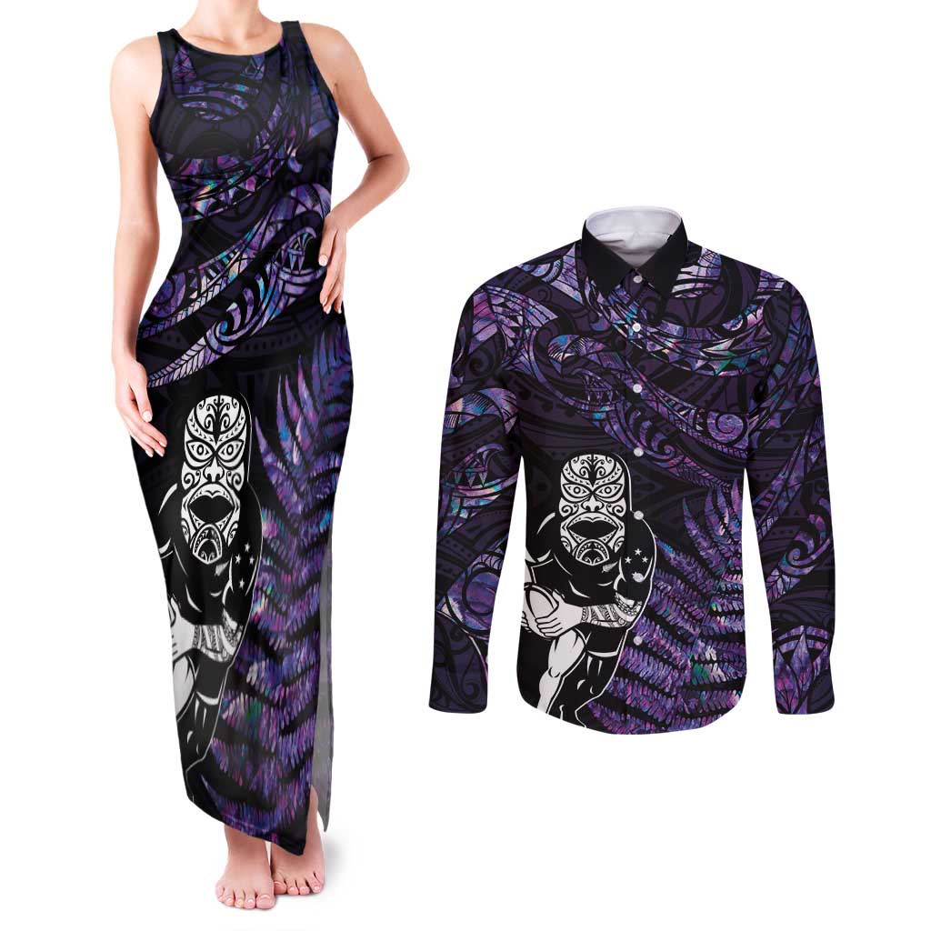 New Zealand Maori Rugby Personalised Couples Matching Tank Maxi Dress and Long Sleeve Button Shirt Ta Moko Silver Fern - Paua Purple