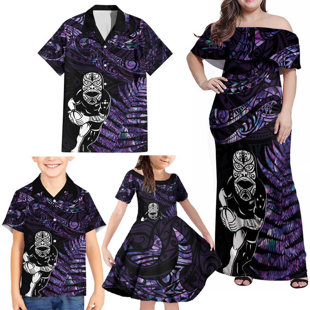 New Zealand Maori Rugby Personalised Family Matching Off Shoulder Maxi Dress and Hawaiian Shirt Ta Moko Silver Fern - Paua Purple