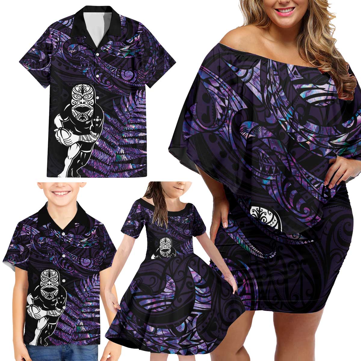 New Zealand Maori Rugby Personalised Family Matching Off Shoulder Short Dress and Hawaiian Shirt Ta Moko Silver Fern - Paua Purple