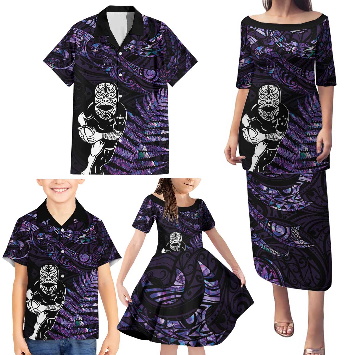 New Zealand Maori Rugby Personalised Family Matching Puletasi and Hawaiian Shirt Ta Moko Silver Fern - Paua Purple