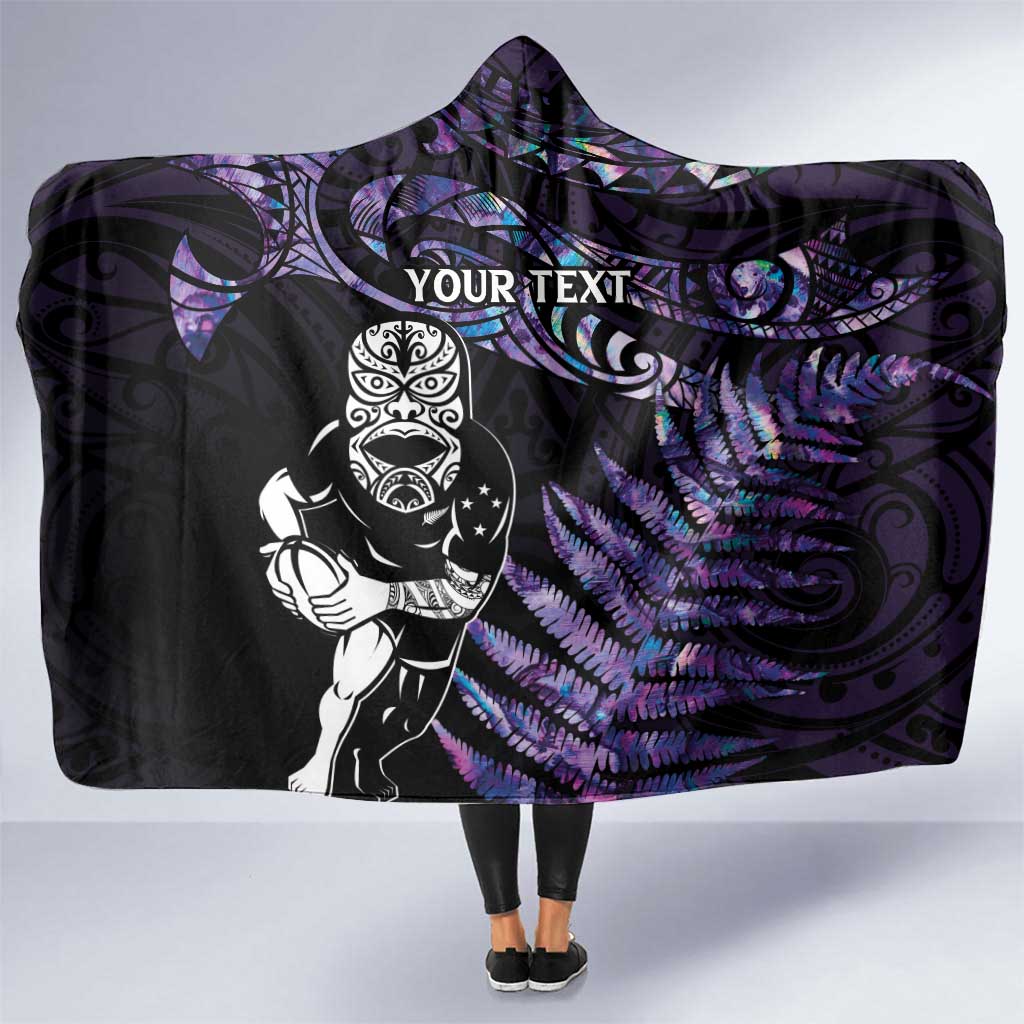 New Zealand Maori Rugby Personalised Hooded Blanket Ta Moko Silver Fern - Paua Purple