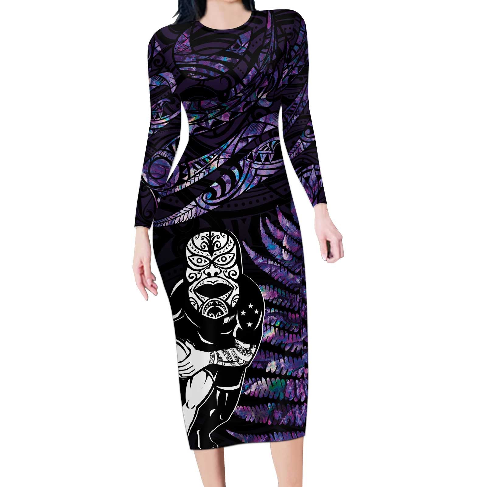 New Zealand Maori Rugby Personalised Long Sleeve Bodycon Dress Ta Moko Silver Fern - Paua Purple