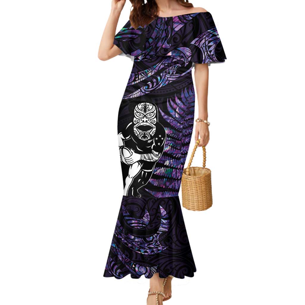 New Zealand Maori Rugby Personalised Mermaid Dress Ta Moko Silver Fern - Paua Purple