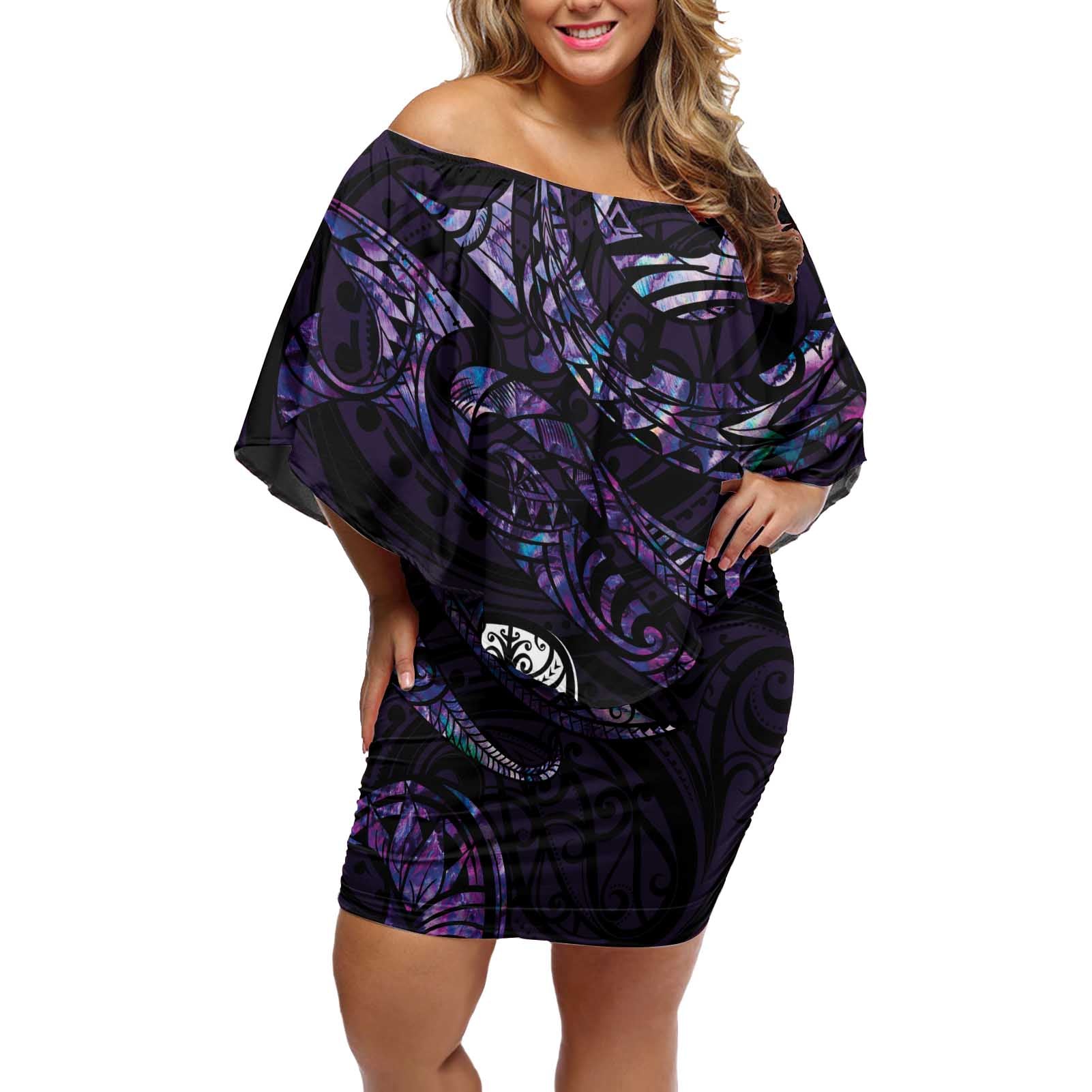 New Zealand Maori Rugby Personalised Off Shoulder Short Dress Ta Moko Silver Fern - Paua Purple