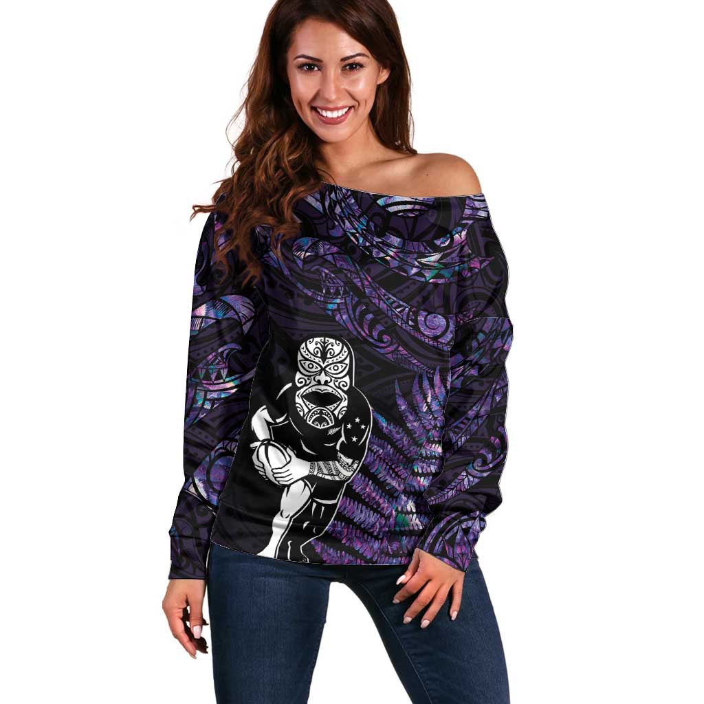 New Zealand Maori Rugby Personalised Off Shoulder Sweater Ta Moko Silver Fern - Paua Purple LT7 Women Purple - Polynesian Pride