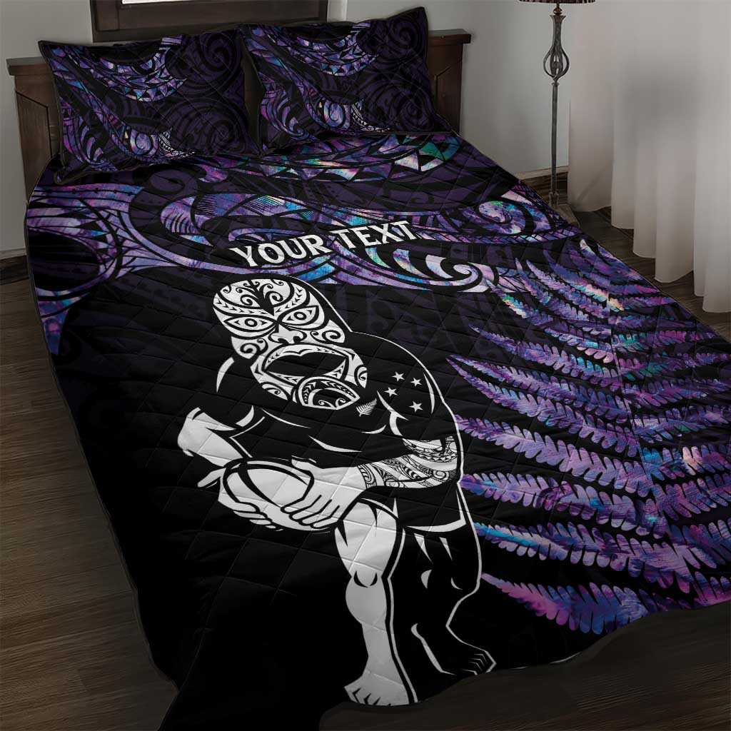 New Zealand Maori Rugby Personalised Quilt Bed Set Ta Moko Silver Fern - Paua Purple