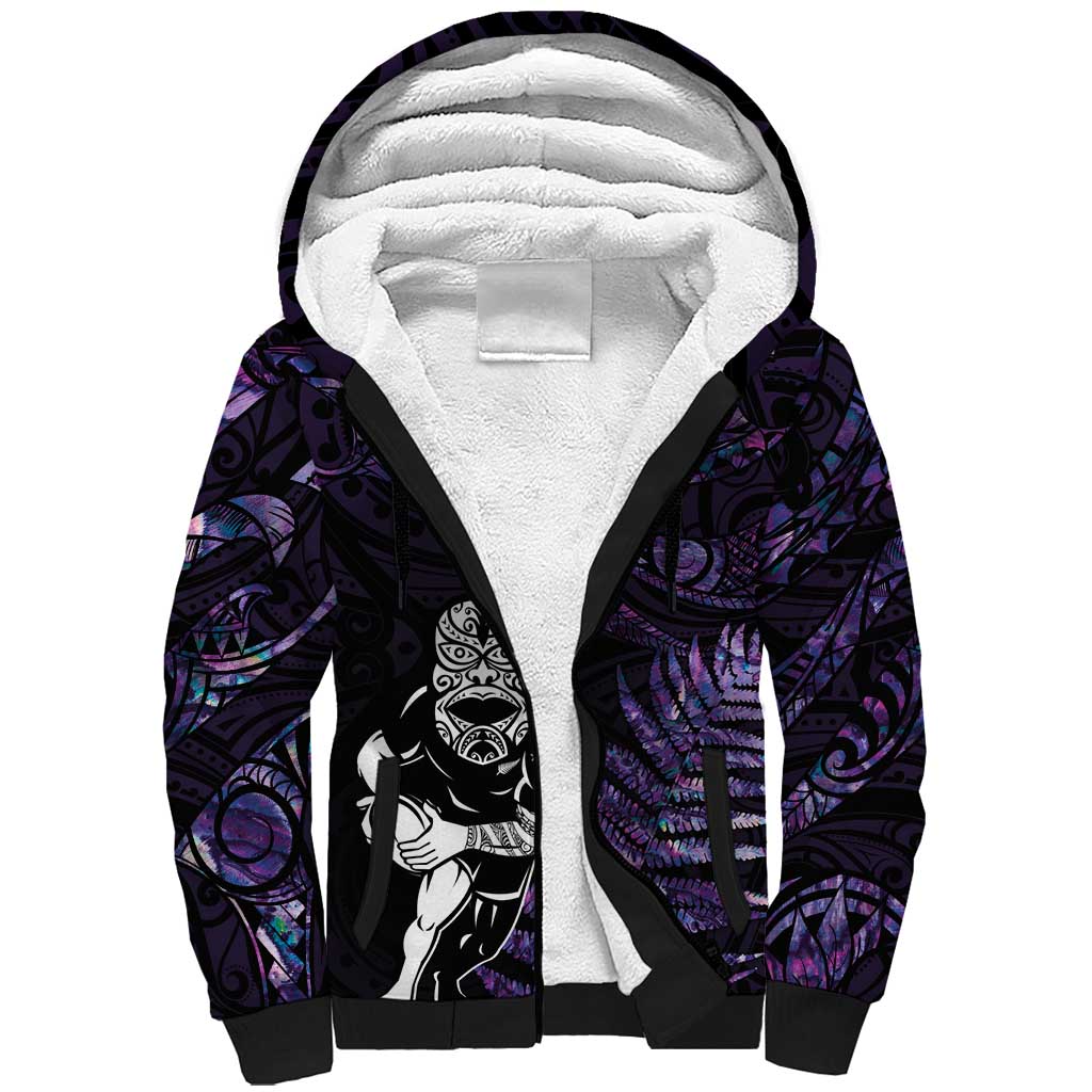 New Zealand Maori Rugby Personalised Sherpa Hoodie Ta Moko Silver Fern - Paua Purple