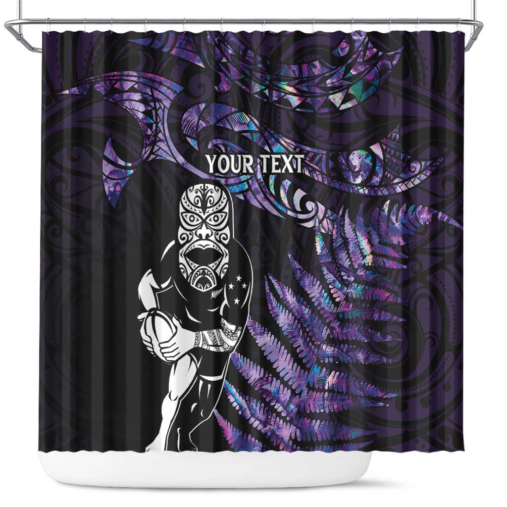 New Zealand Maori Rugby Personalised Shower Curtain Ta Moko Silver Fern - Paua Purple