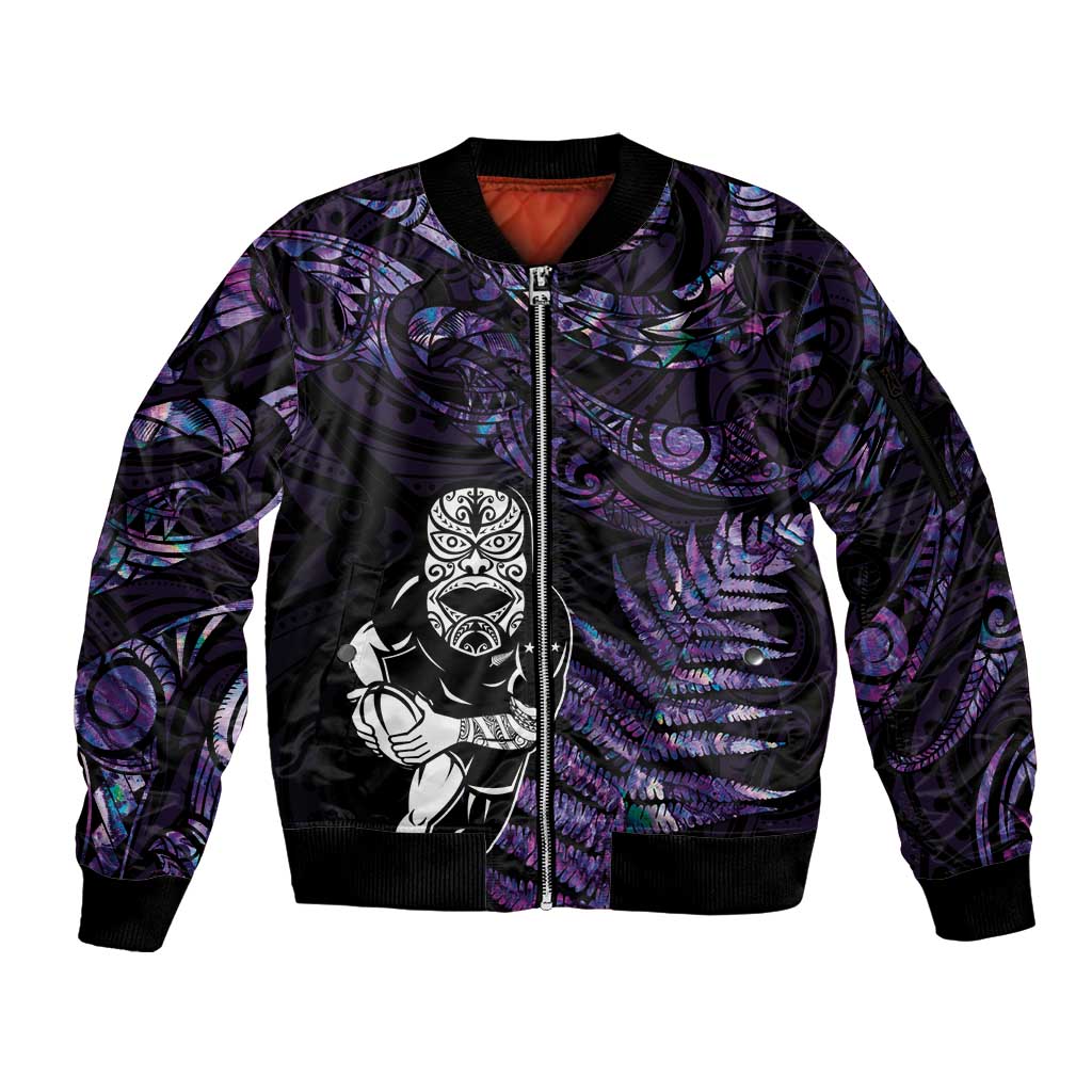 New Zealand Maori Rugby Personalised Sleeve Zip Bomber Jacket Ta Moko Silver Fern - Paua Purple