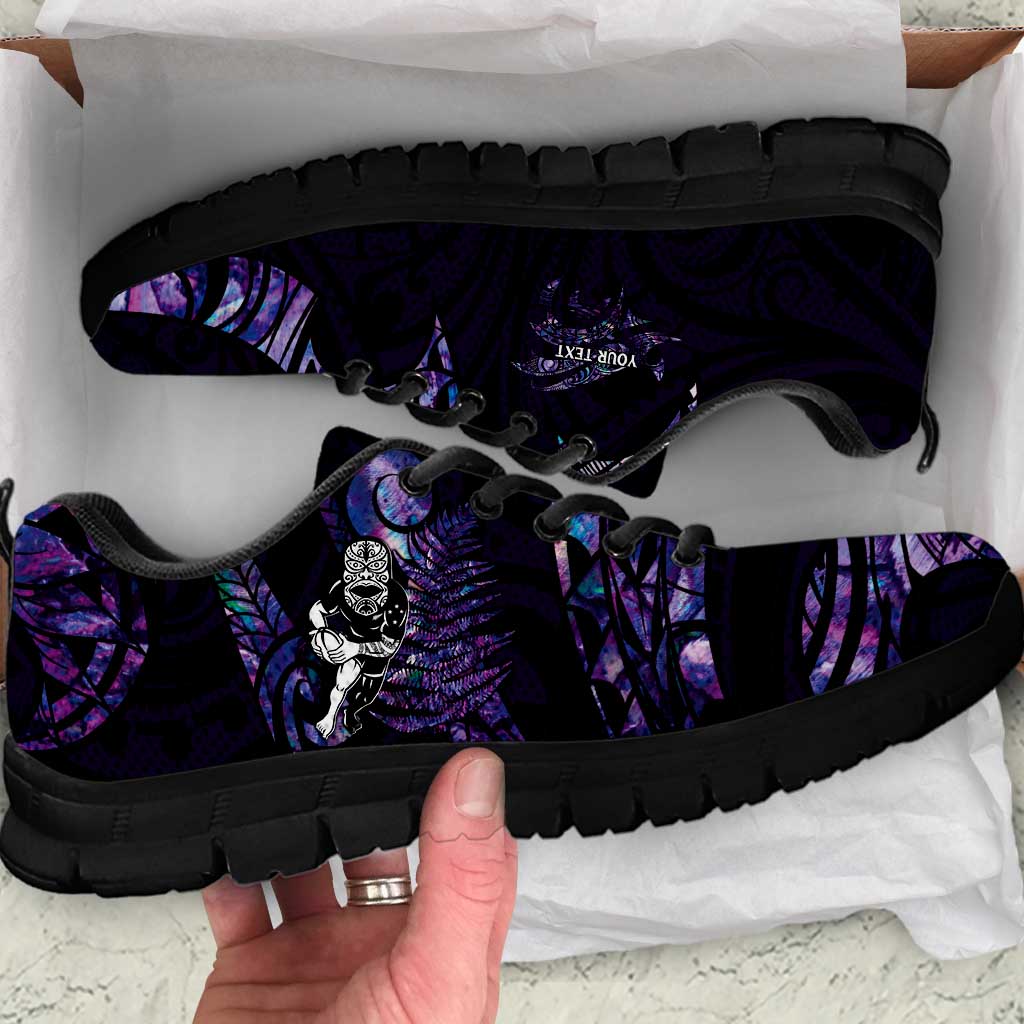 New Zealand Maori Rugby Personalised Sneakers Ta Moko Silver Fern - Paua Purple LT7 Purple - Polynesian Pride