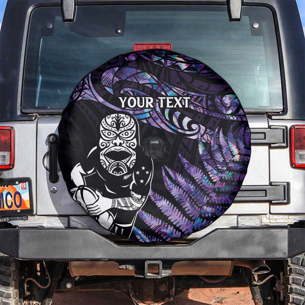 New Zealand Maori Rugby Personalised Spare Tire Cover Ta Moko Silver Fern - Paua Purple