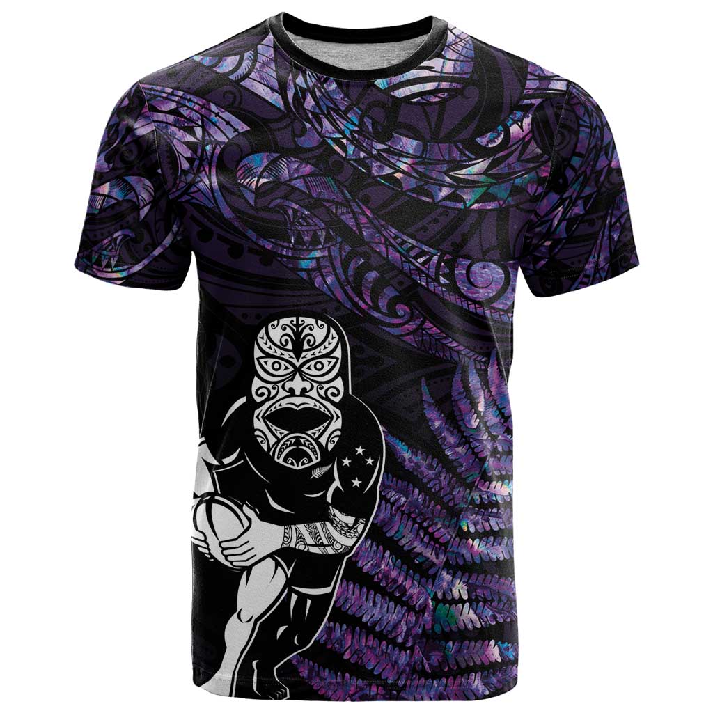 New Zealand Maori Rugby Personalised T Shirt Ta Moko Silver Fern - Paua Purple