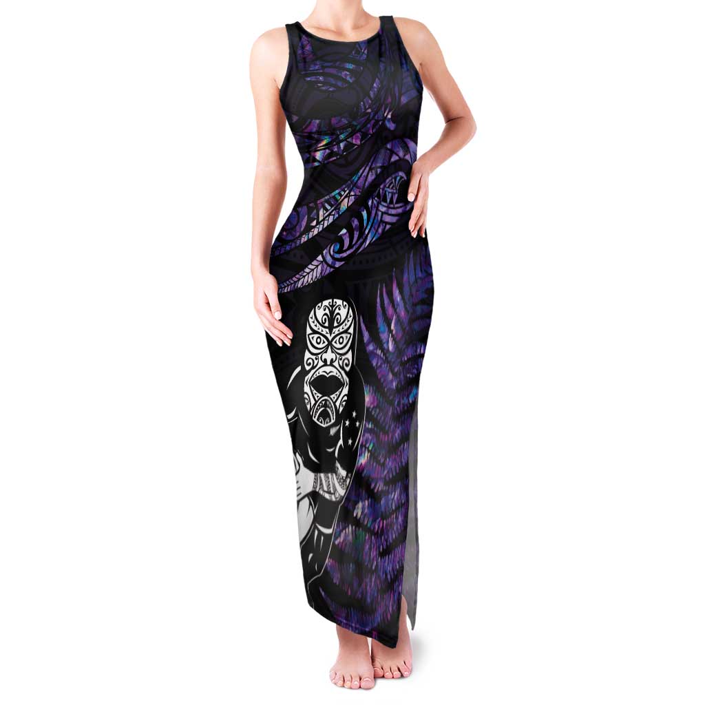 New Zealand Maori Rugby Personalised Tank Maxi Dress Ta Moko Silver Fern - Paua Purple