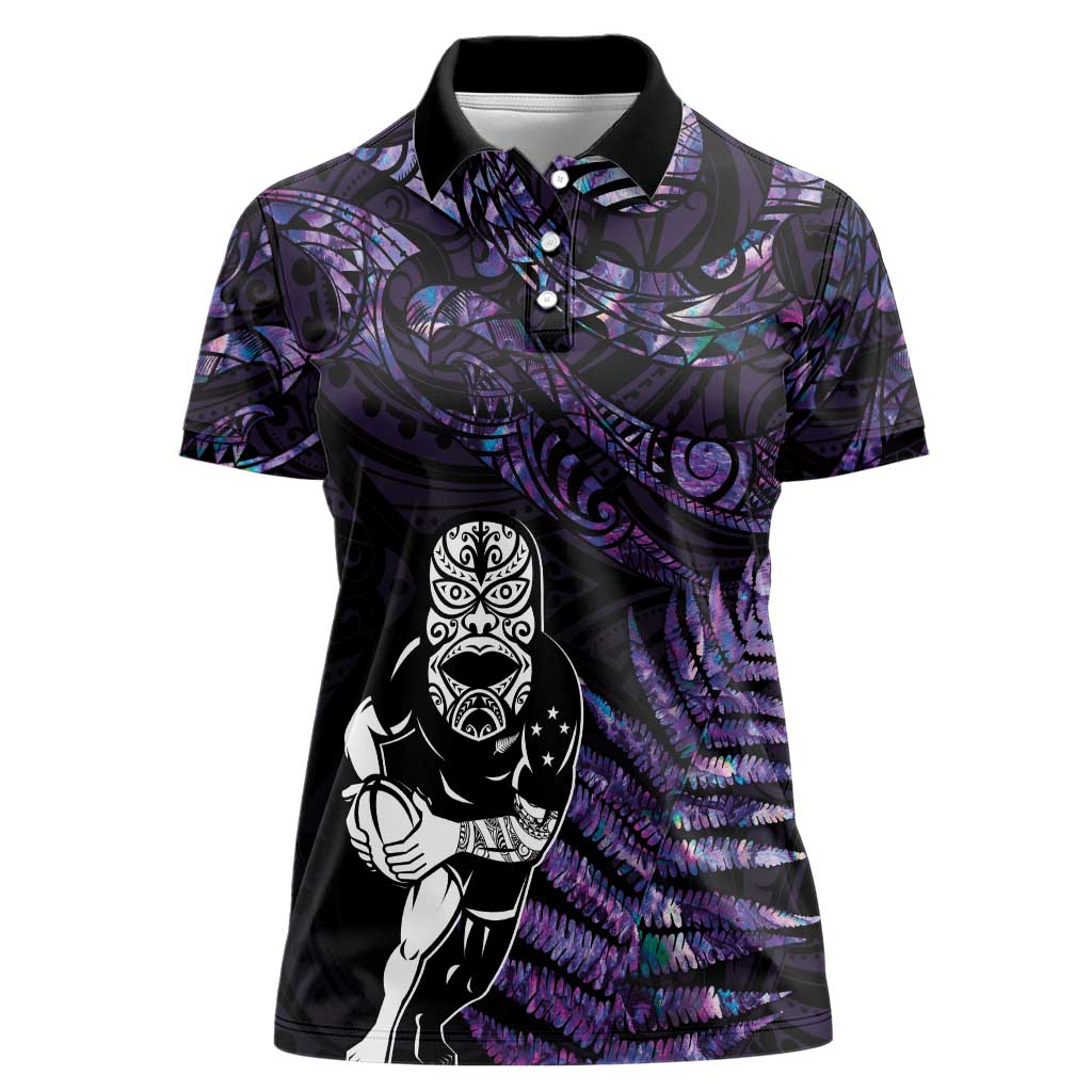 New Zealand Maori Rugby Personalised Women Polo Shirt Ta Moko Silver Fern - Paua Purple