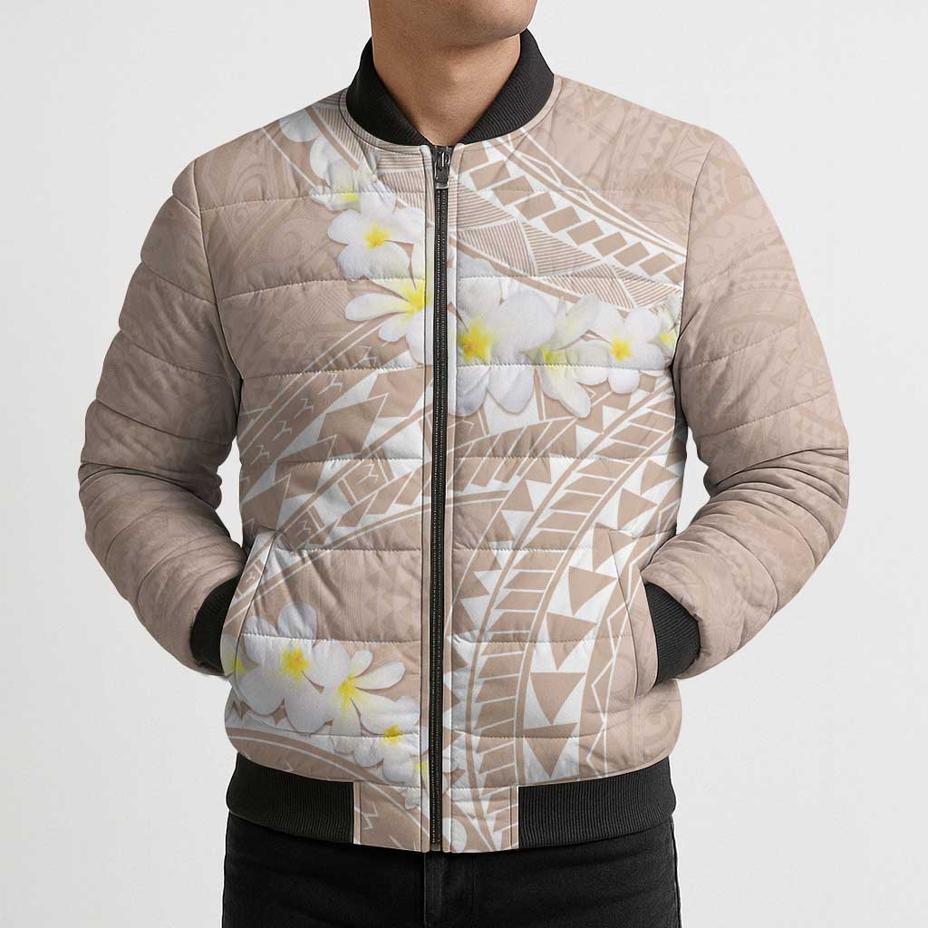 Polynesian Vintage Floral Bomber Puffer Jacket Beige Motifs LT7 - Polynesian Pride
