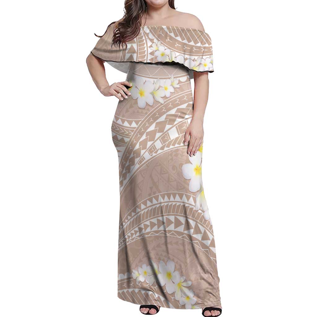 Polynesian Vintage Floral Off Shoulder Maxi Dress Beige Motifs LT7 Women Beige - Polynesian Pride