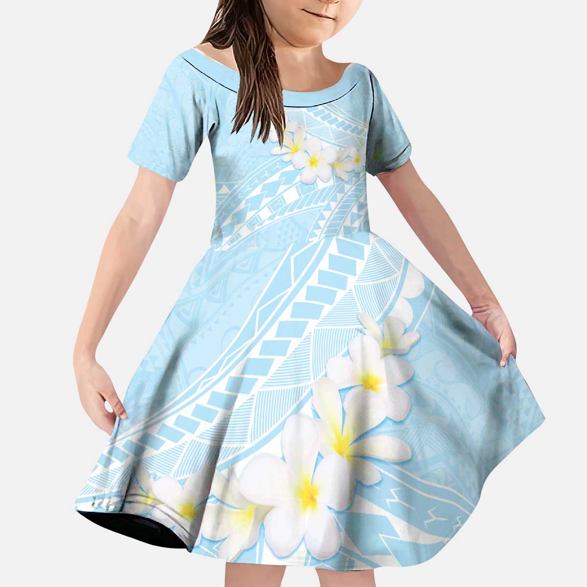 Polynesian Vintage Floral Kid Short Sleeve Dress Azure Motifs LT7 KID Azure - Polynesian Pride