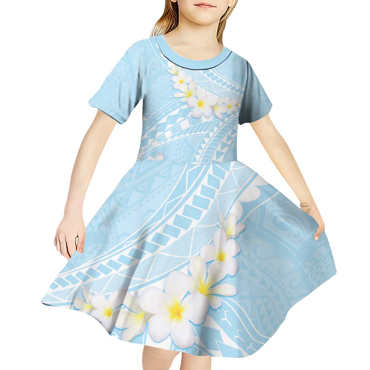 Polynesian Vintage Floral Kid Short Sleeve Dress Azure Motifs LT7 - Polynesian Pride
