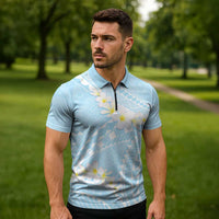 Polynesian Vintage Floral Zipper Polo Shirt Azure Motifs LT7 - Polynesian Pride
