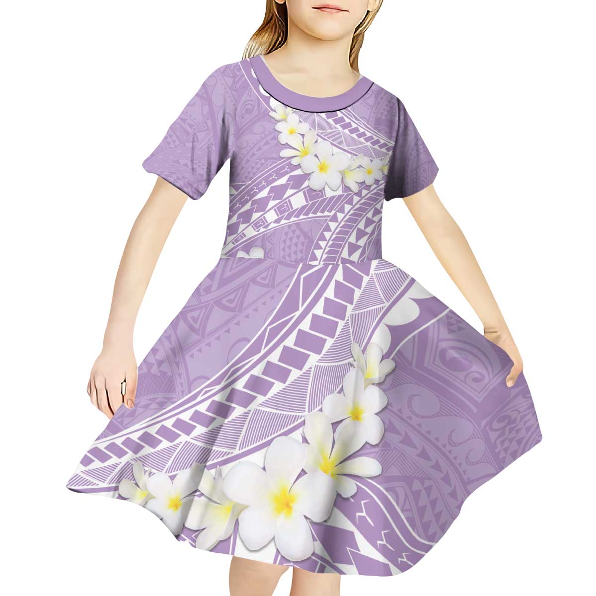 Polynesian Vintage Floral Kid Short Sleeve Dress Lavender Motifs LT7 - Polynesian Pride