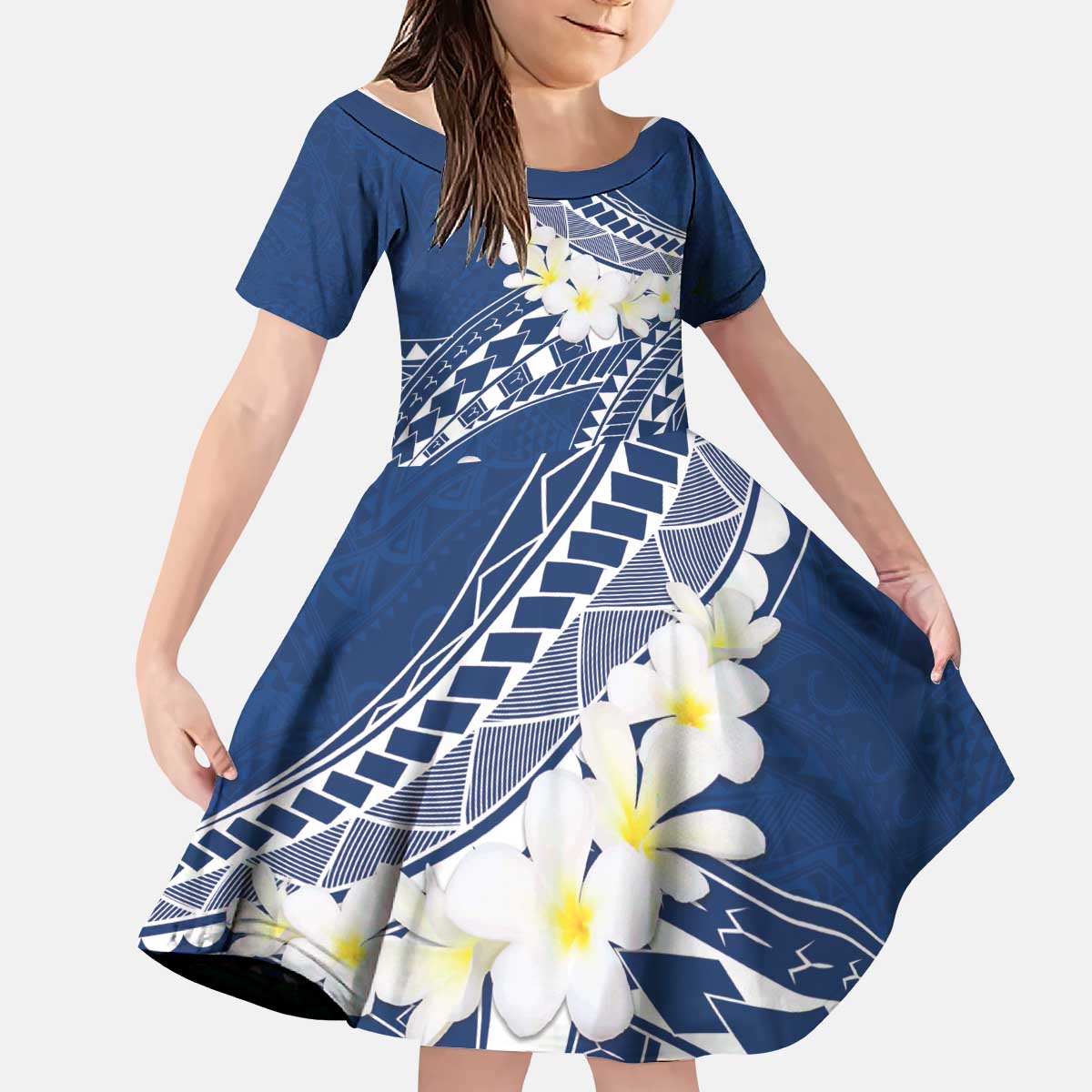 Polynesian Vintage Floral Kid Short Sleeve Dress Navy Blue Motifs LT7 KID Navy Blue - Polynesian Pride