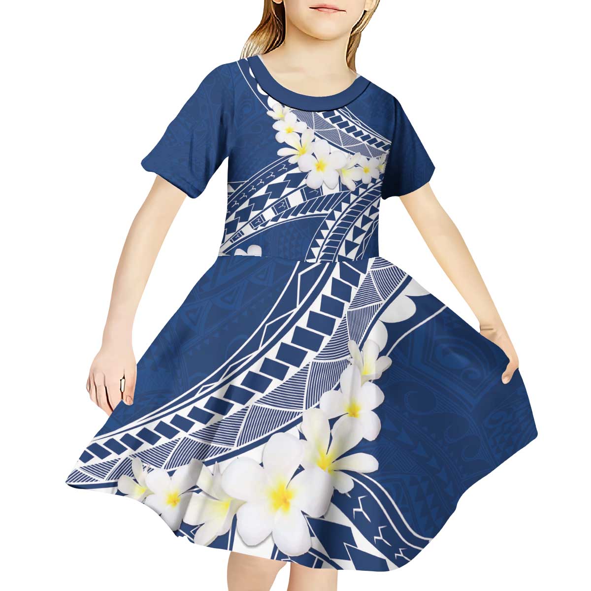 Polynesian Vintage Floral Kid Short Sleeve Dress Navy Blue Motifs LT7 - Polynesian Pride